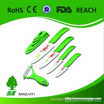 Soft ABS handle antiskid design ceramic knife set(3" paring knife,4"utility knife,5"Santoku knife,6" chef knife)flower print